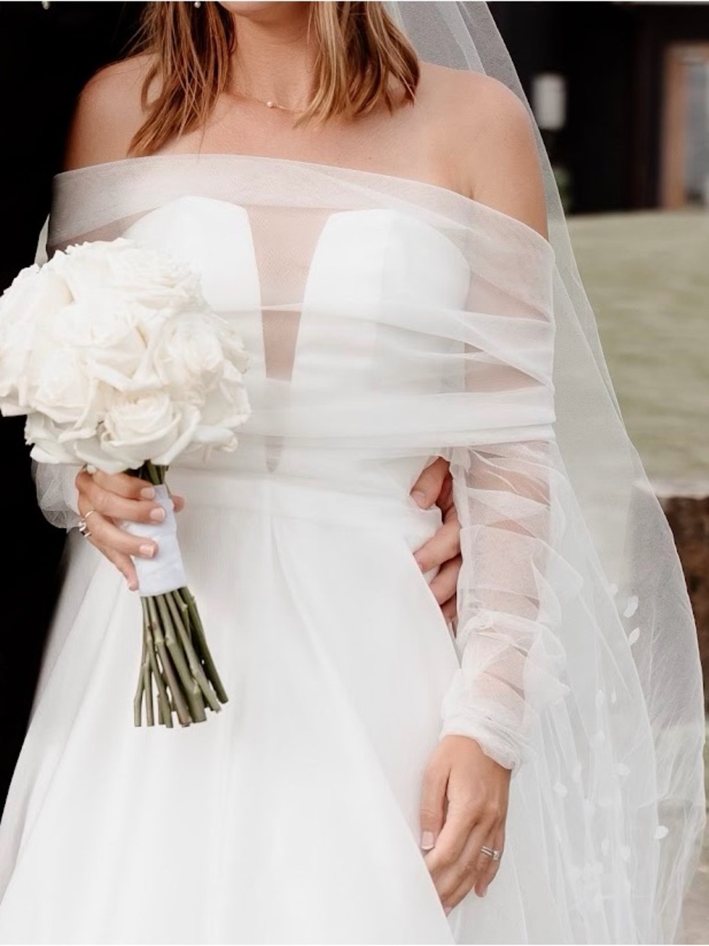 Off-Shoulder White Bridal Sheer Cover Up Long Sleeves